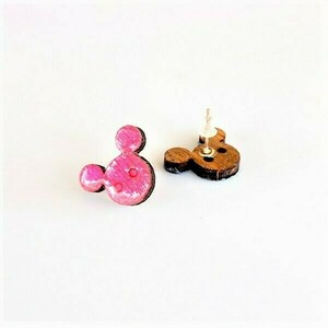Καρφωτά σκουλαρίκια Ποντικάκια γαλάζιο-ροζ - ξύλο, ζωγραφισμένα στο χέρι, καρφωτά, μικρά - 3