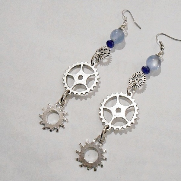 Σκουλαρίκια με γρανάζια και ακρυλικές χάντρες Steampunk Gear Earrings - χάντρες, ατσάλι, κρεμαστά, γάντζος