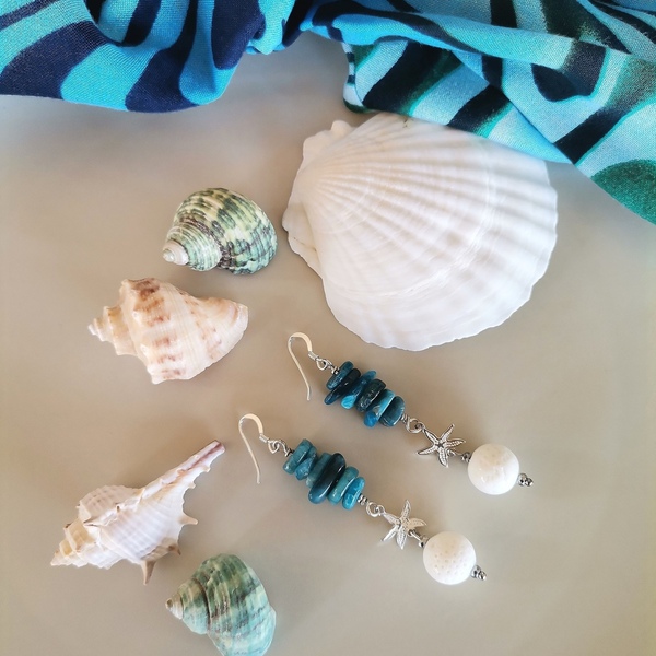 Ασημένια κρεμαστά σκουλαρίκια με απατίτη και λευκό κοράλι - ασήμι, ημιπολύτιμες πέτρες, κοράλλι, κρεμαστά, γάντζος - 5