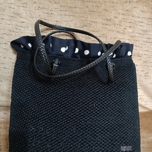 Πλεκτή, χειροποίητη τσάντα ώμου μαύρη με χερούλια δερματίνης 34Χ32Χ12 - νήμα, ώμου, μεγάλες, δερματίνη, πλεκτές τσάντες - 3
