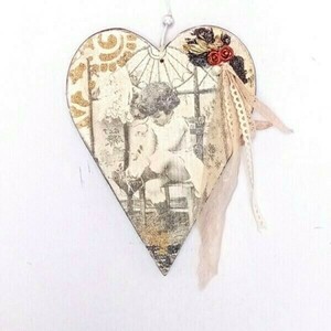 Καδράκι καρδιά δύο όψεων με κοριτσάκι - ξύλο, πίνακες & κάδρα, καρδιά, διακοσμητικά
