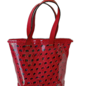 Πλεκτή χειροποίητη τσάντα μέσα σε περίβλημα από PVC με χερούλια δερματίνης 32Χ42Χ31 - νήμα, ώμου, μεγάλες, δερματίνη, πλεκτές τσάντες