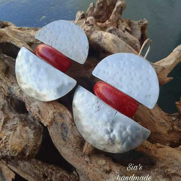 Σκουλαρίκια με πέτρες ρίζα κοραλλιού - ημιπολύτιμες πέτρες, χειροποίητα, σφυρήλατο, κρεμαστά