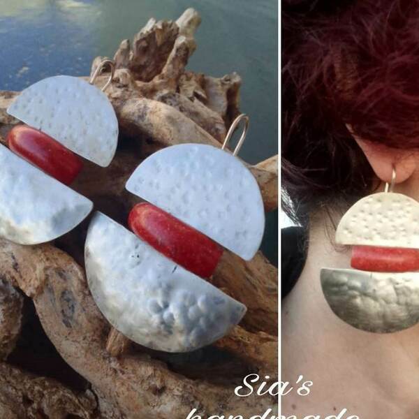 Σκουλαρίκια με πέτρες ρίζα κοραλλιού - ημιπολύτιμες πέτρες, χειροποίητα, σφυρήλατο, κρεμαστά - 2
