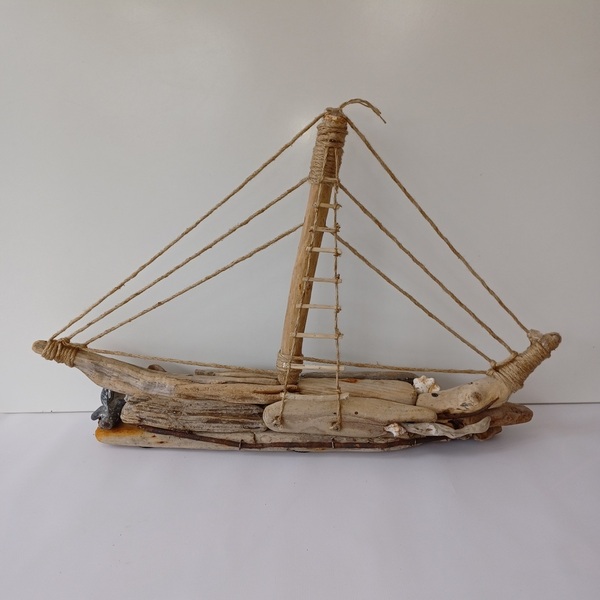 Driftwood Boat 06 - ξύλο, κοχύλι, καράβι, διακοσμητικά