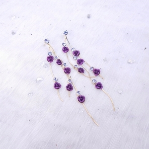 Κομψά σκουλαρίκια με μωβ τριανταφυλλα και στρας - στρας, λουλούδι, ατσάλι, boho, κρεμαστά - 5