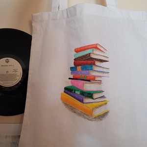 Τσάντα υφασμάτινη, ζωγραφισμένη στο χέρι, λευκό χρώμα - βιβλία - ύφασμα, ώμου, μεγάλες, all day, πάνινες τσάντες - 4