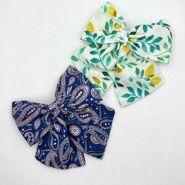 Blue paisley cotton bow - ύφασμα, φιόγκος, hair clips - 4