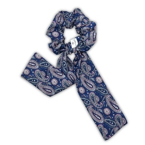 Blue paisley cotton scarf scrunchie - ύφασμα, για τα μαλλιά, λαστιχάκια μαλλιών - 2