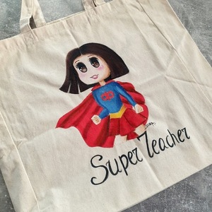 Προσωποποιημένη υφασμάτινη τσάντα για τη δασκάλα "super teacher" - ύφασμα, ώμου, μεγάλες, πάνινες τσάντες, προσωποποιημένα - 2