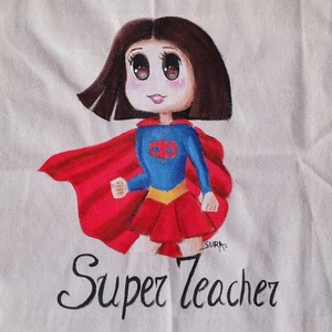 Προσωποποιημένη υφασμάτινη τσάντα για τη δασκάλα "super teacher" - ύφασμα, ώμου, μεγάλες, πάνινες τσάντες, προσωποποιημένα - 3