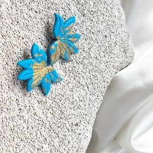 Καρφωτά Χειροποίητα Σκουλαρίκια σε Γαλάζια Απόχρωση με φύλλα Χρυσού - πηλός, λουλούδι, boho, καρφάκι, φθηνά - 3