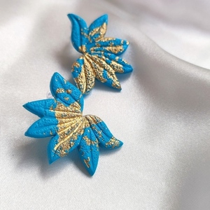 Καρφωτά Χειροποίητα Σκουλαρίκια σε Γαλάζια Απόχρωση με φύλλα Χρυσού - πηλός, λουλούδι, boho, καρφάκι, φθηνά - 4