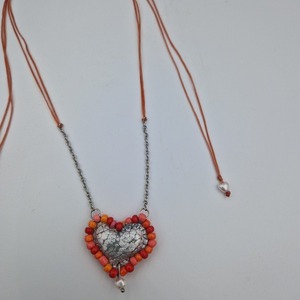 Κολιέ δερμάτινη καρδιά 3 σε 1 - κοραλί - δέρμα, καρδιά, τσόκερ, ατσάλι, seed beads - 3