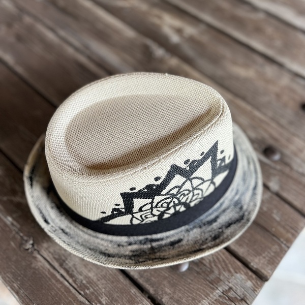 Καπέλο ψάθινο μπεζ boho σχέδιο σε μαύρο χρώμα 58εκ. - ζωγραφισμένα στο χέρι, boho, ethnic, ψάθινα - 3