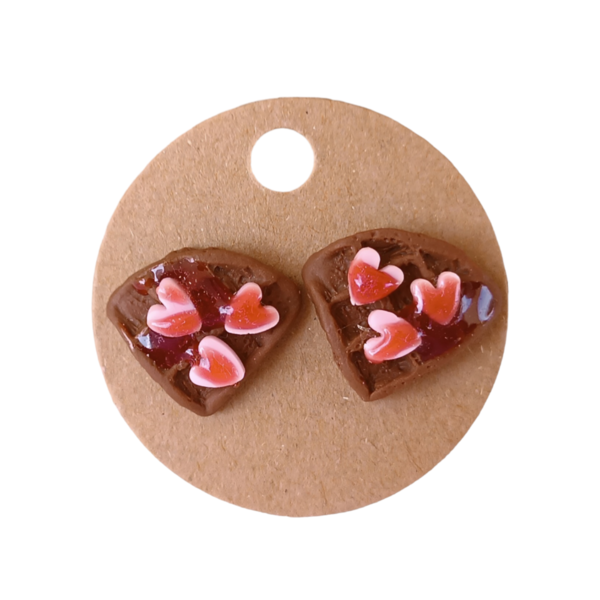 Σκουλαρίκια καρφωτά βάφλες σοκολάτα με ροζ καρδιές με πολυμερικό πηλό / μεσαία / ατσάλι / Twice Treasured - πηλός, cute, καρφωτά, γλυκά, kawaii - 2