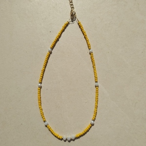 Κολιέ με κίτρινες και λευκές χάντρες - τσόκερ, χάντρες, κοντά, seed beads - 3