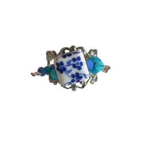 Γυναικείο αυξομειούμενο δαχτυλίδι με περίτεχνη βάση κεραμική πέτρα και κρύσταλλα - vintage, γυαλί, χάντρες, λουλούδι, αυξομειούμενα