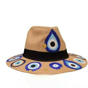 " Evil Eyes Hat " Καπέλοσε χρώμα ταμπά με ζωγραφισμένα μάτια - ψάθινα