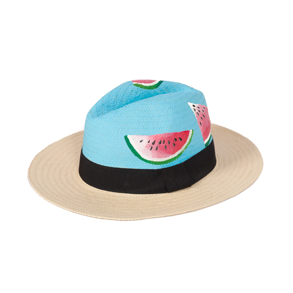 Blue Watermelons Χειροποίητο Καπέλο Παναμά με σχέδιο μπλε Καρπούζια - ψάθινα