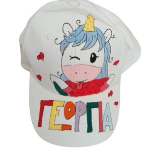 παιδικό καπέλο jockey με όνομα και θέμα μονόκερος με καρπούζι (unicorn and watermelon) - κορίτσι, όνομα - μονόγραμμα, καρπούζι, μονόκερος, καπέλα