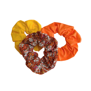 3 τεμάχια scrunchies Νο M βαμβακερά, φλοράλ, πορτοκαλί και κίτρινο. - ύφασμα, σετ δώρου, δώρα για γυναίκες, λαστιχάκια μαλλιών