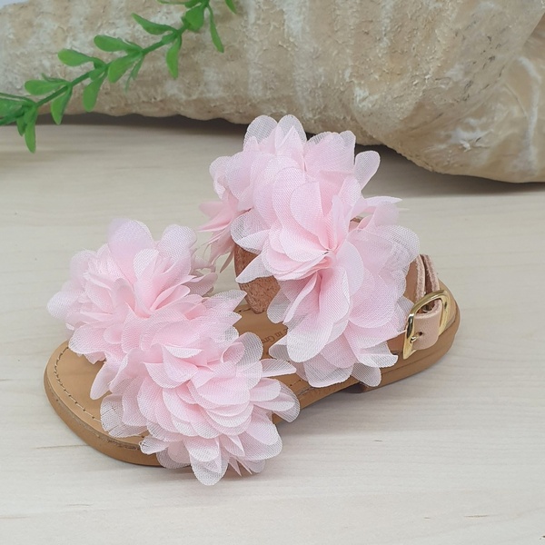 1040 ροζ - δέρμα, λουλούδια, φλατ, ankle strap - 2