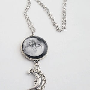Κολιέ με γυαλί και μεταλλικά στοιχεία Black cat pendant - γυαλί, φεγγάρι, χάντρες, μενταγιόν