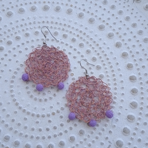 Wire crochet σκουλαρίκια με χάντρες λάβας σε μωβ χρώμα. - ημιπολύτιμες πέτρες, κρεμαστά, μεγάλα, γάντζος, πλεκτά