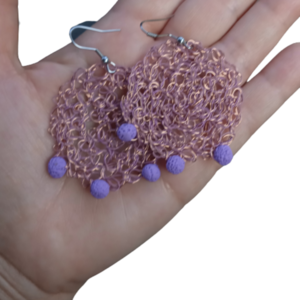 Wire crochet σκουλαρίκια με χάντρες λάβας σε μωβ χρώμα. - ημιπολύτιμες πέτρες, κρεμαστά, μεγάλα, γάντζος, πλεκτά - 5