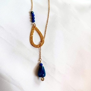Κολιέ 69εκ με μπλε δάκρυ Αχάτη και μπλε στρογγυλό Νεφρίτη /ατσάλινη αλυσίδα και μεταλλικό στοιχείο οβάλ ( χρυσό χρώμα). - ημιπολύτιμες πέτρες, ορείχαλκος, δάκρυ, χάντρες, ατσάλι - 5