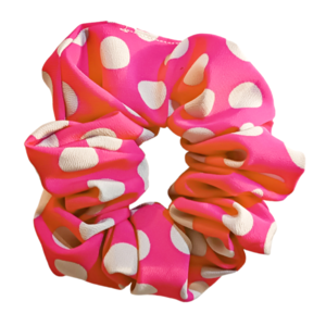 Σετ 2 χειροποίητα scrunchies - λαστιχάκια - αξεσουάρ μαλλιών "polkadot - pink floral" - ύφασμα, πουά, λαστιχάκια μαλλιών - 2
