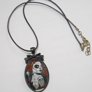 Κολιέ με γυαλί Sugar Skull pendant - δέρμα, γυαλί, μεταλλικά στοιχεία, μενταγιόν