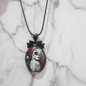 Κολιέ με γυαλί Sugar Skull pendant - δέρμα, γυαλί, μεταλλικά στοιχεία, μενταγιόν - 3