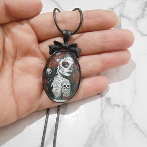 Κολιέ με γυαλί Sugar Skull pendant - δέρμα, γυαλί, μεταλλικά στοιχεία, μενταγιόν - 4