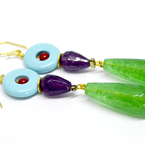 Τριπλά σκουλαρίκια με ημιπολύτιμες πέτρες - μωβ, πράσινο δάκρυ - ημιπολύτιμες πέτρες, ασήμι 925, boho, κρεμαστά, μεγάλα - 2