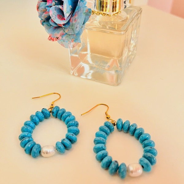 Turquoise earrings - ημιπολύτιμες πέτρες, μαργαριτάρι, boho, μεγάλα, γάντζος - 3