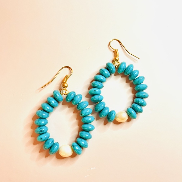 Turquoise earrings - ημιπολύτιμες πέτρες, μαργαριτάρι, boho, μεγάλα, γάντζος - 4