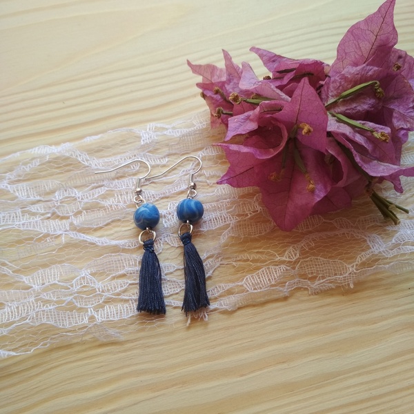 μπλε σκουλαρίκια - με φούντες, πηλός, μικρά, κρεμαστά, γάντζος