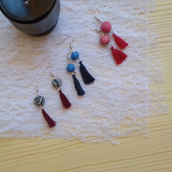 μπλε σκουλαρίκια - με φούντες, πηλός, μικρά, κρεμαστά, γάντζος - 3