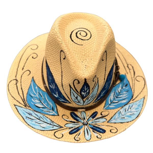 Χειροποίητο ζωγραφισμένο Handpainted hat Boho μπλε - ψάθινα
