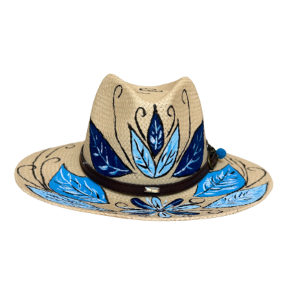 Χειροποίητο ζωγραφισμένο Handpainted hat Boho μπλε - ψάθινα - 2