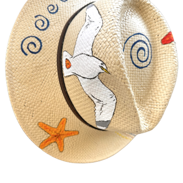 Καπέλο ζωγραφισμένο χειροποίητο Handpainted seabird κοχύλι - ψάθινα - 4