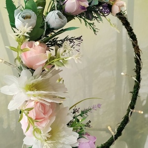 Επιτραπέζιο διακοσμητικό στεφάνι με φωτάκια - ύφασμα, λουλούδια, διακοσμητικά - 3