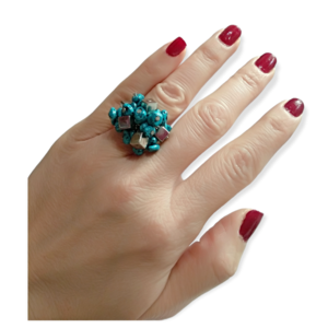 Χειροποίητο γυναικείο δαχτυλίδι με χάντρες, από κράμα μετάλλων -RIN16 - ορείχαλκος, μεγάλα, αυξομειούμενα - 3