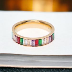 Ατσάλινο Δαχτυλίδι HAPPY σε χρυσό χρώμα με πολύχρωμα Ζιργκόν - ημιπολύτιμες πέτρες, βεράκια, ατσάλι, boho, για γάμο