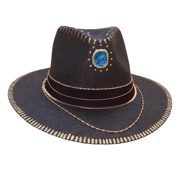 Καπέλο Παναμα μαύρο- Goldy chain - απαραίτητα καλοκαιρινά αξεσουάρ, ψάθινα