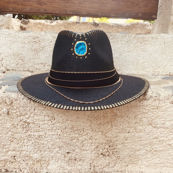 Καπέλο Παναμα μαύρο- Goldy chain - απαραίτητα καλοκαιρινά αξεσουάρ, ψάθινα - 3