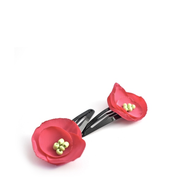 Hair clips με φουξ λουλούδια και κεντημένες λαχανί χάντρες - αξεσουάρ μαλλιών, hair clips - 2