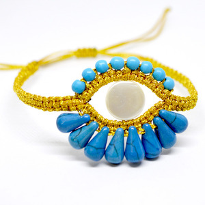 Βραχιόλι μάτι κεντημένο με χρυσοκλωστή και μπλε χαολίτη - ημιπολύτιμες πέτρες, μακραμέ, μάτι, boho, αυξομειούμενα - 2